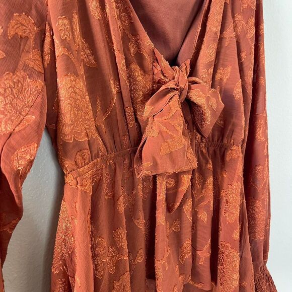 Women's Burnt Orange floral long sleeve blouse with tie front detail XS/S - Picture 7 of 7